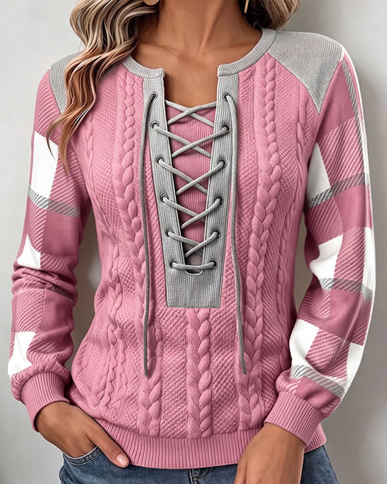 Sweatshirt Rund Halsringning Remmar Pläd Tryck