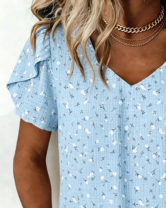 T-Shirt V-Hals Blommig Kort Ärm
