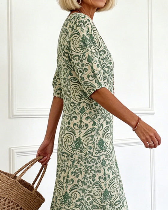 Klänning Vintage Blommönster V-Hals Maxi