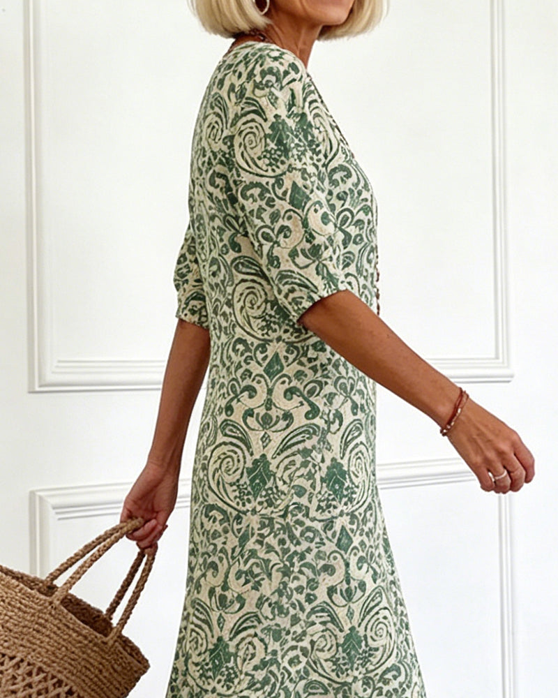 Klänning Vintage Blommönster V-Hals Maxi