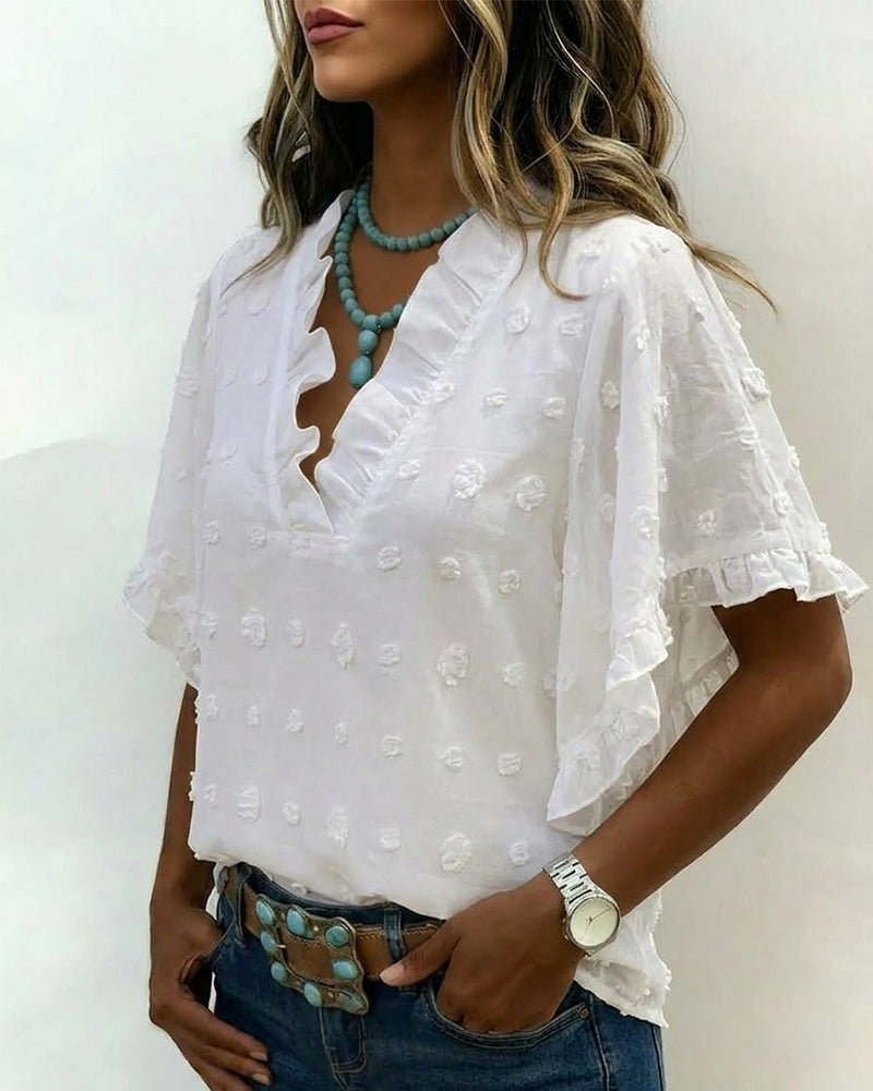 Blus Jacquard V-Ringning Volang