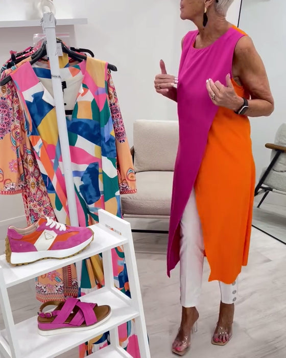 Blus Ärmlös Kontrastfärg Slits Lång