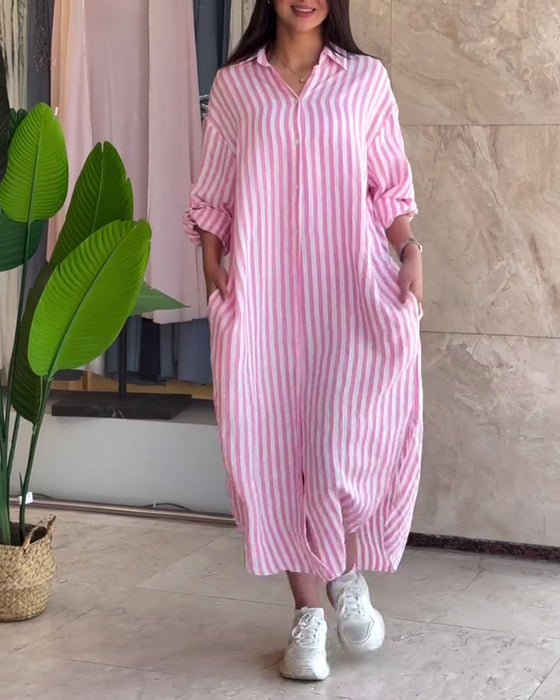 Klänning Löst Krage Randig