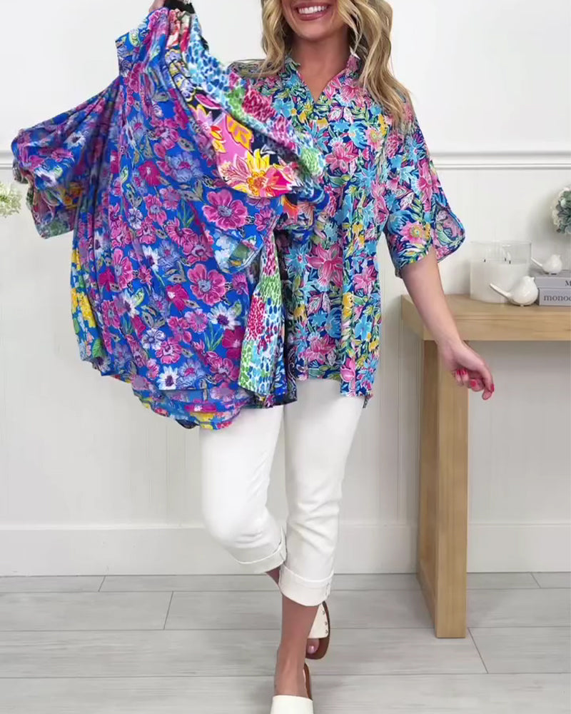 Topp Tropisk Blommig Kortärmad