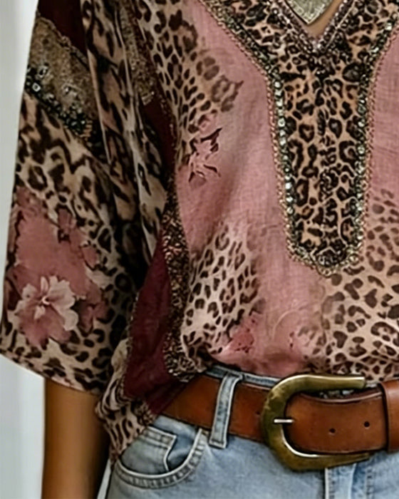 Blus V-Hals Lykta Ärm Leopard