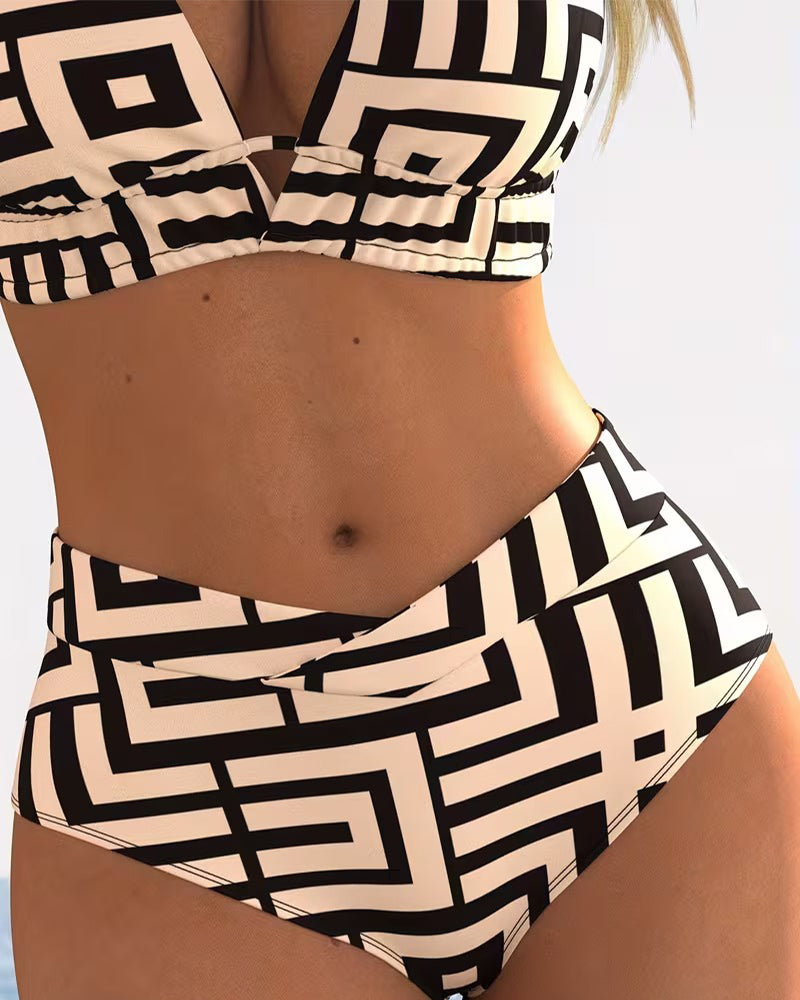 Bikini Geometrisk Halterneck Hög Midja