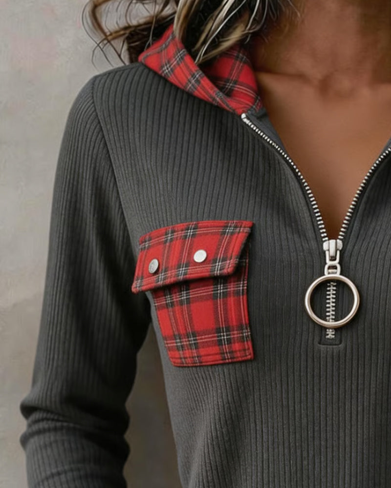 Sweatshirt Rutig Patchwork Halv Dragkedja