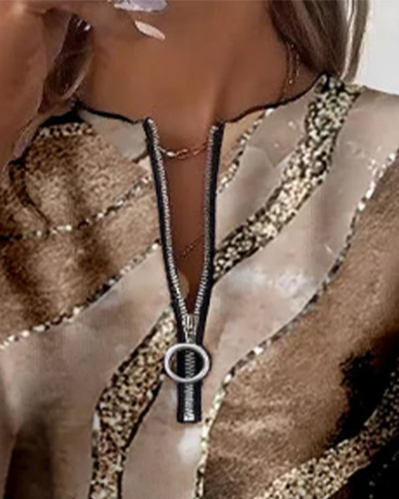 Sweatshirt Med Halv Dragkedja Och Vintage-Tryck