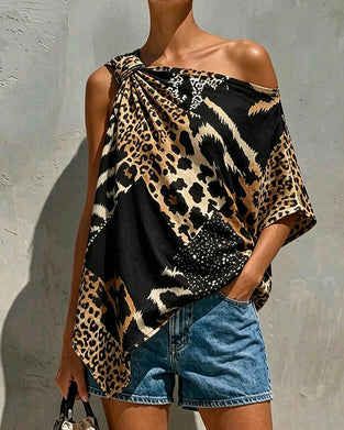 Blus Leopardmönster Patchwork Enaxlad
