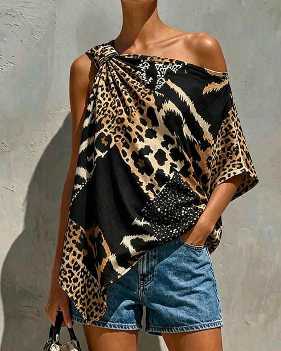 Blus Leopardmönster Patchwork Enaxlad