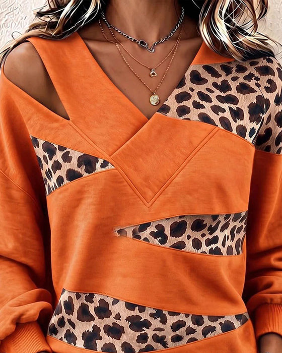 Sweatshirt Leopard Patchwork V-Hals Pullover
