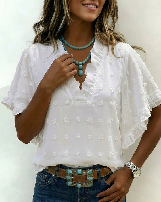 Blus Jacquard V-Ringning Volang