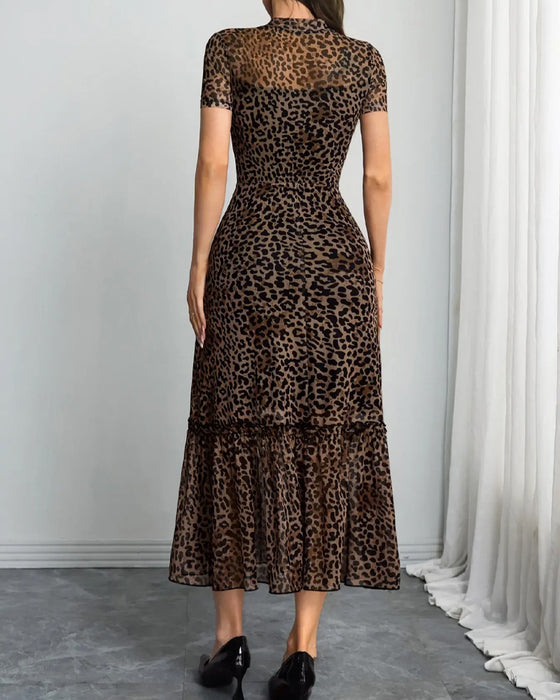 Klänning Leopard Mock Neck Mesh Midi