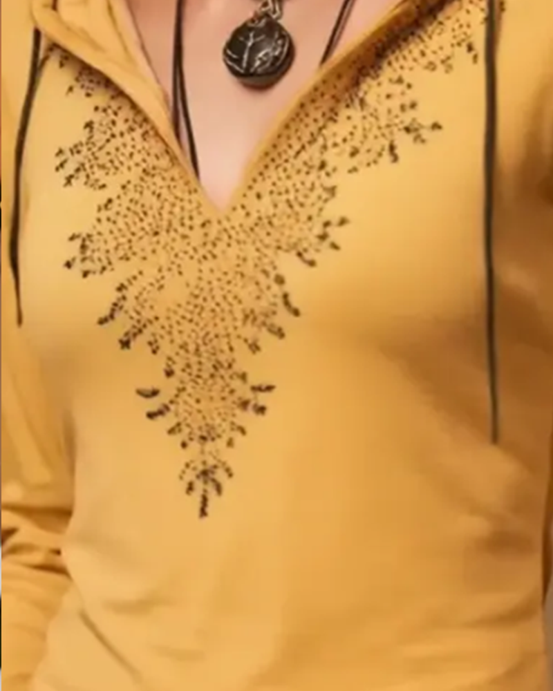 Topp Med Huva Casual Långärmad Tryckt