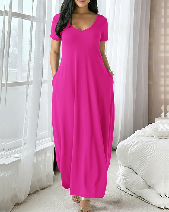 Klänning Enfärgad V-Ringad Korta Ärmar Maxi