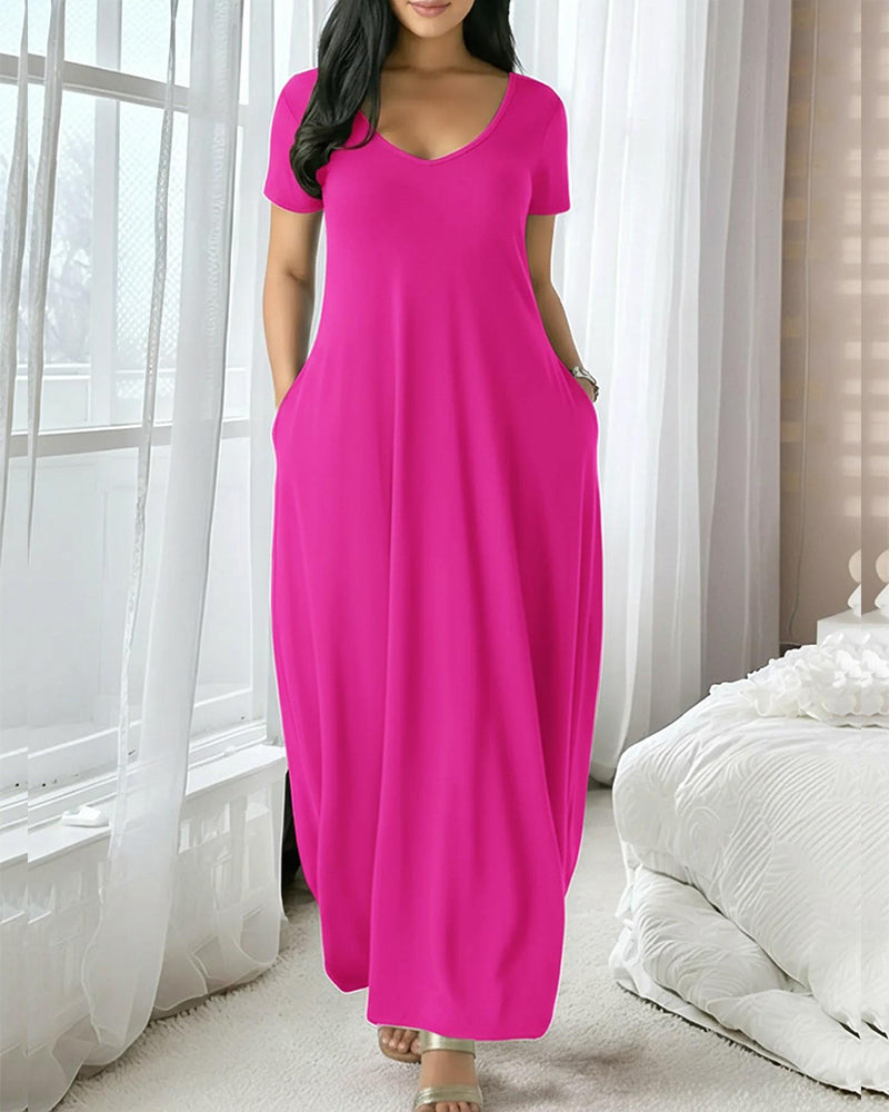 Klänning Enfärgad V-Ringad Korta Ärmar Maxi