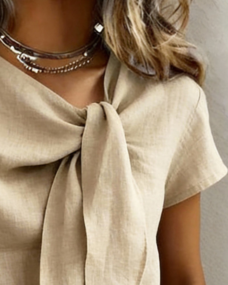 Blus Linne-Blandning V-Ringning Kortärm Avslappnad