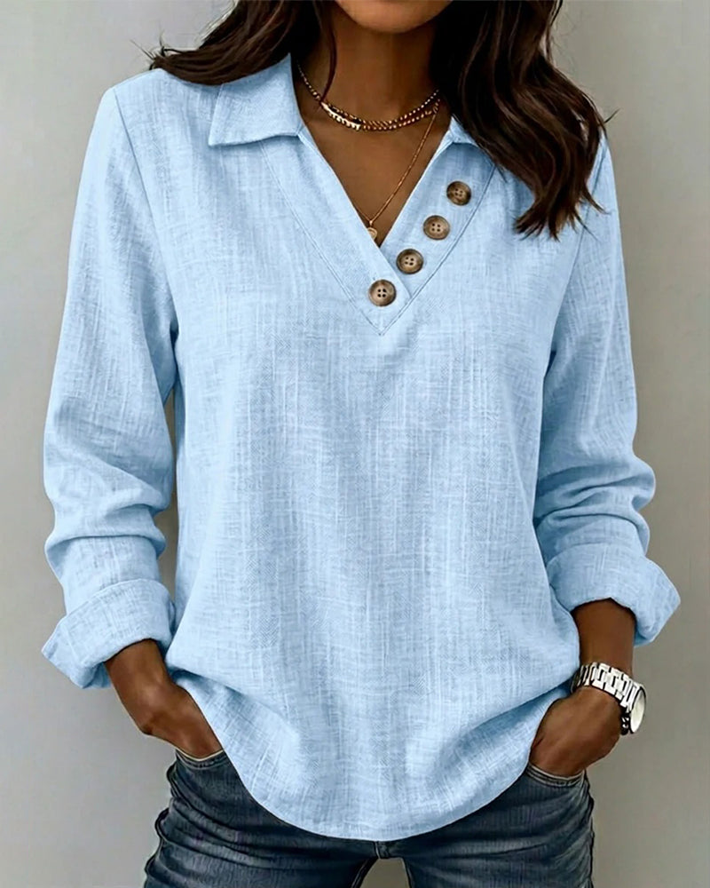 Topp Lång Ärm V-Hals Knapp Ner