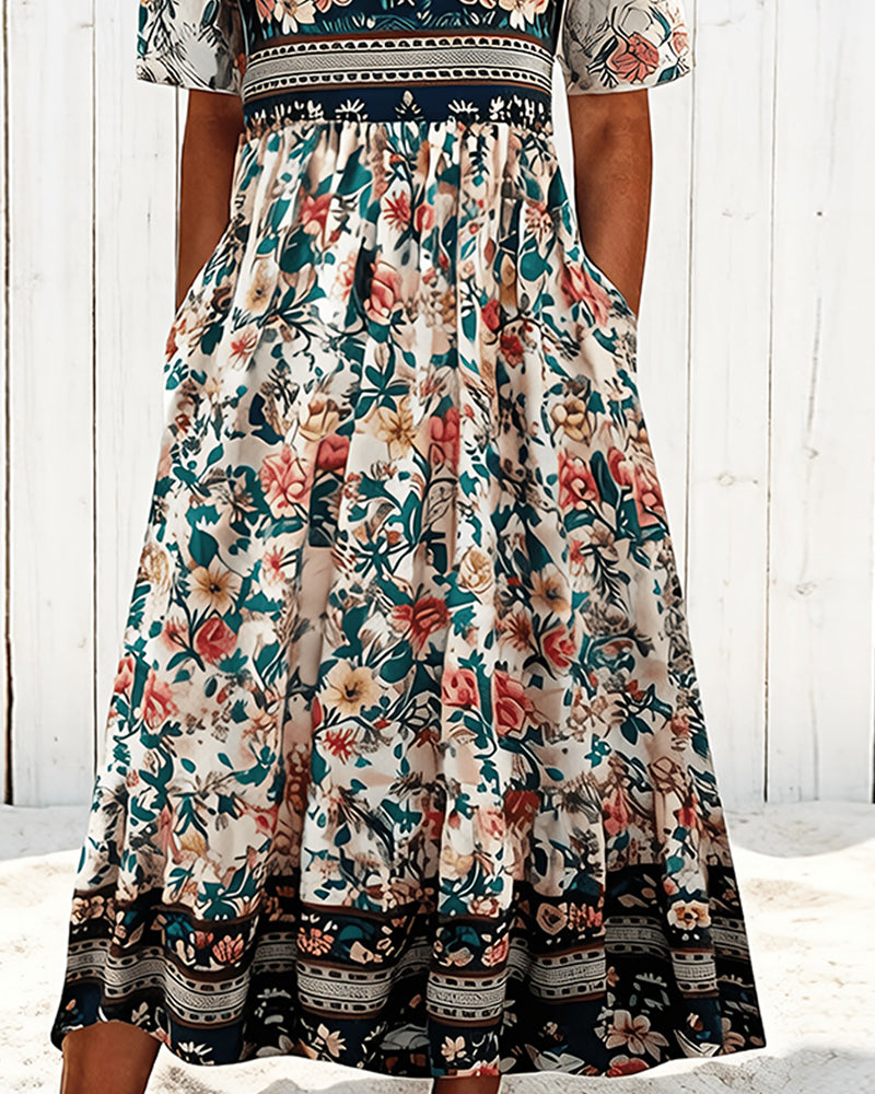 Klänning Vintage Blommig Midjeknyt Midi