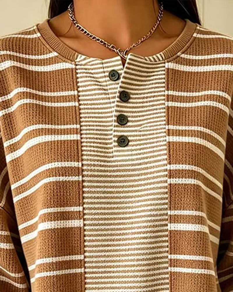 Sweatshirt Randig Patchwork Lång Ärm Henley
