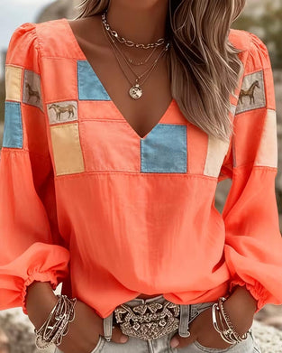 Blus V-Hals Kontrast Tryck