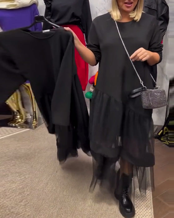 Lös Klänning I Enfärgad Meshpatchwork