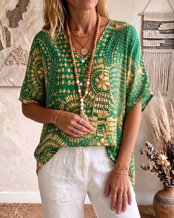 Blouse Etnisk Tryck V-Hals