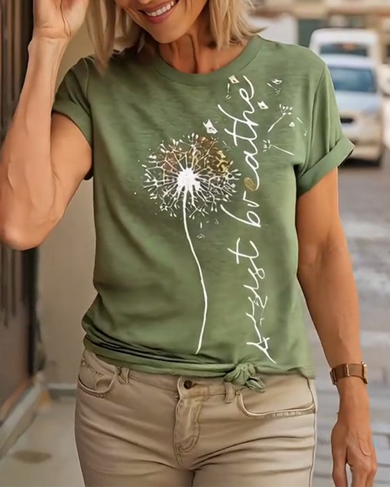 T - Shirt Med Dandelion Print Kort Ärmlösa