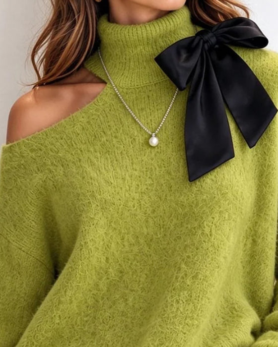 Tröja Turtleneck Rosett Off-Shoulder Spets Lapptäcke