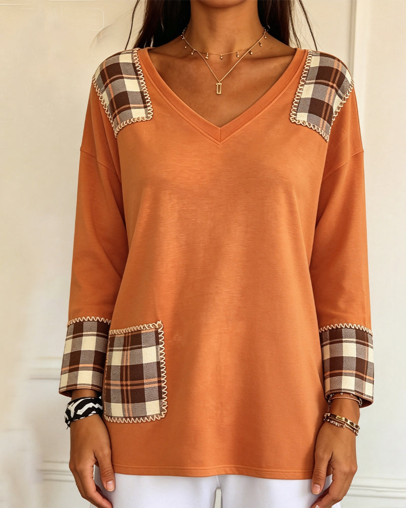 Topp Ruta Patchwork V-Hals Casual