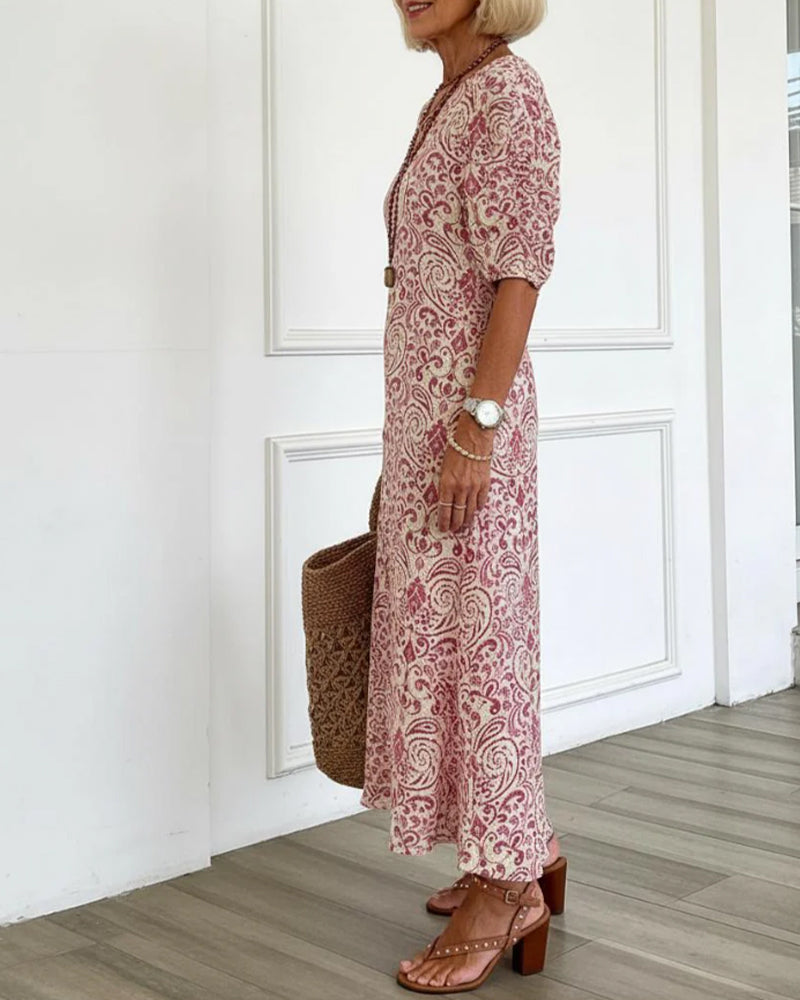 Klänning Vintage Blommönster V-Hals Maxi