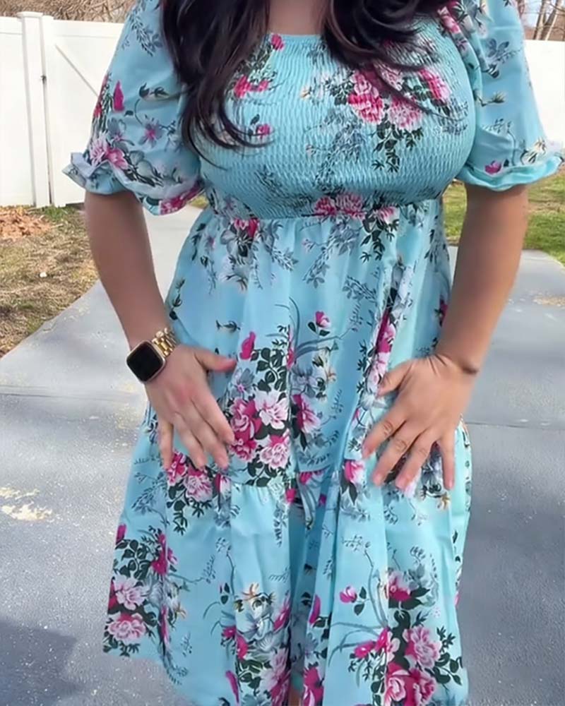 Klänning Blommig Fyrkantig Hals Smockad