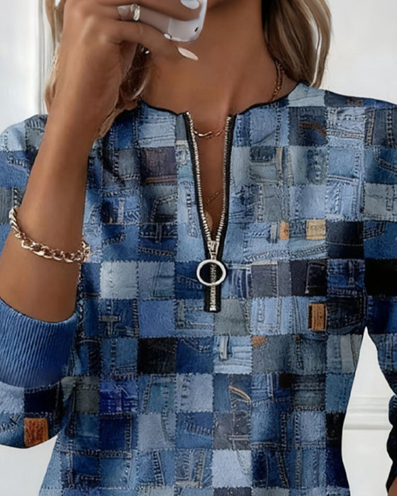 Tröja Halv Dragkedja Krage Rutig Tryck