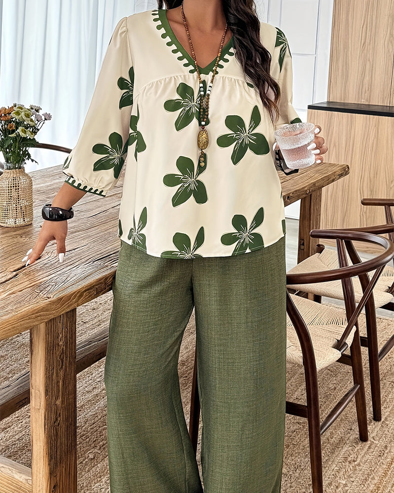 Set Blommig Tryck V-Hals Topp Vida Ben Byxor