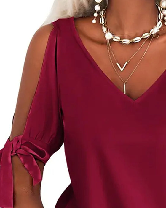 Blus V-Hals Cold Shoulder Enfärgad Knyt