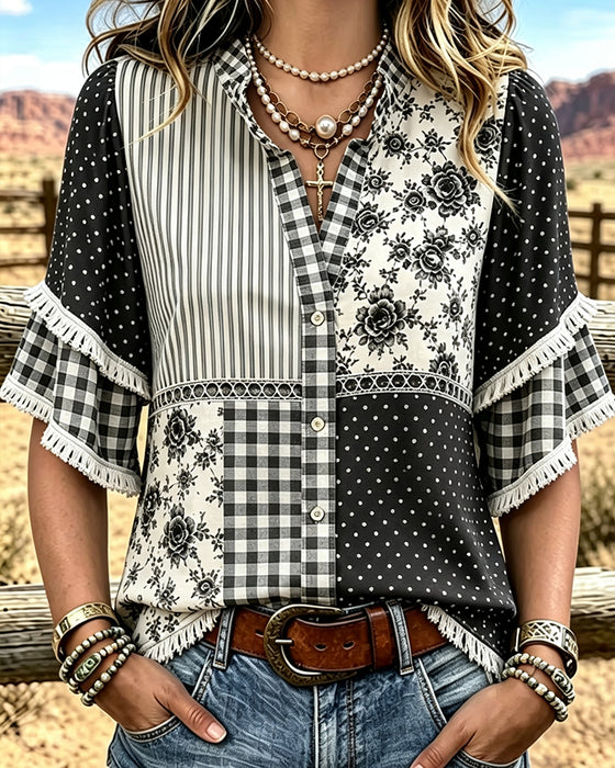 Blus Mandarin Krage Polka Dot Ruta