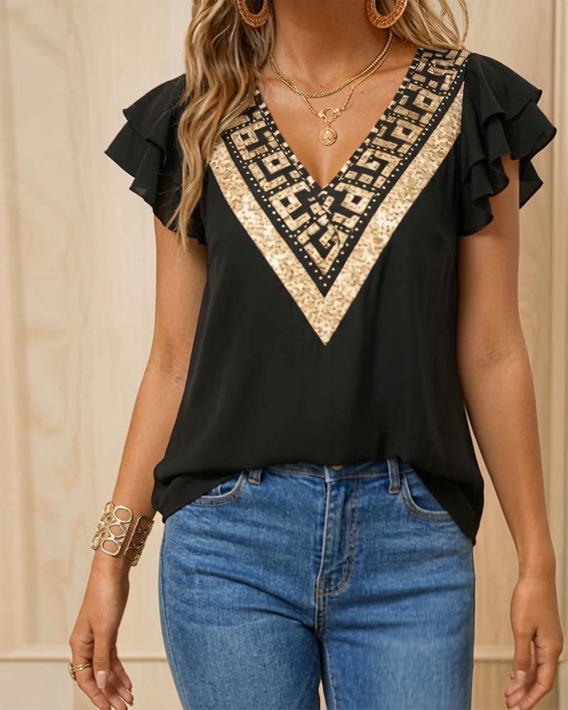 Blus Lotusbladstryck V-Ringad Kontrast