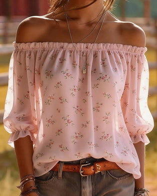 Blus Off-Shoulder Blommig Tretrekvart Ärm