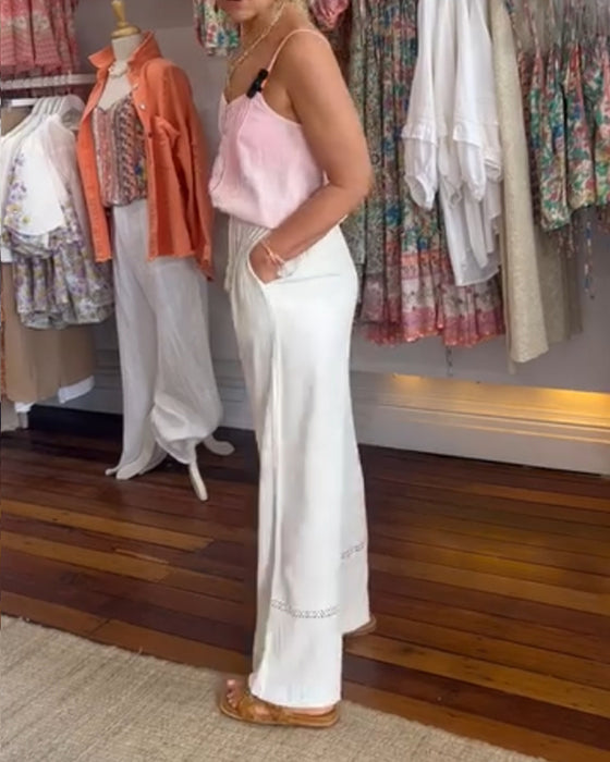 Enfärgade bekväma byxor med vida ben med fickor