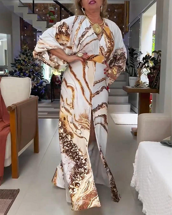 Klänning Långärmad V-Ringning Slits Tryckt