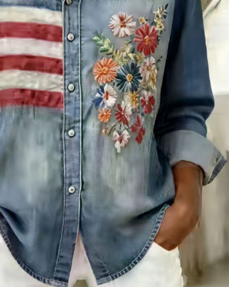 Skjorta Nedfällbar Krage Tryck Broderi