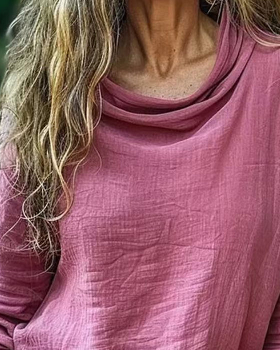 Blus Draperad Hals Casual Solid Lång Ärm
