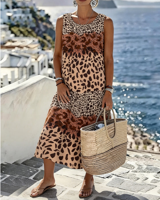 Klänning Färgblock Leopard Tryck Ärmlös Midi
