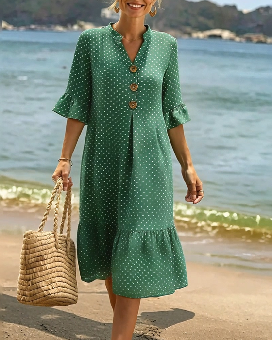 Klänning Polka Dot V-Hals Rynkad Ärm