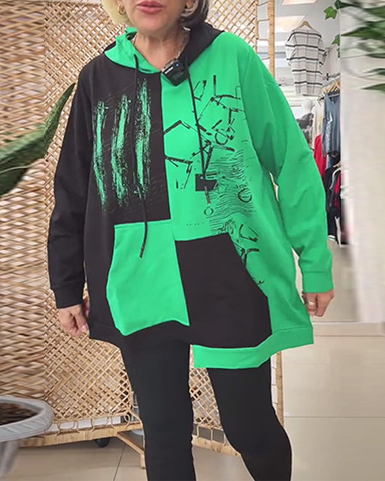 Tröja avslappnad huva färgblock tryckt