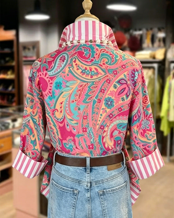 Blus Patchwork Blommig Tryck Casual