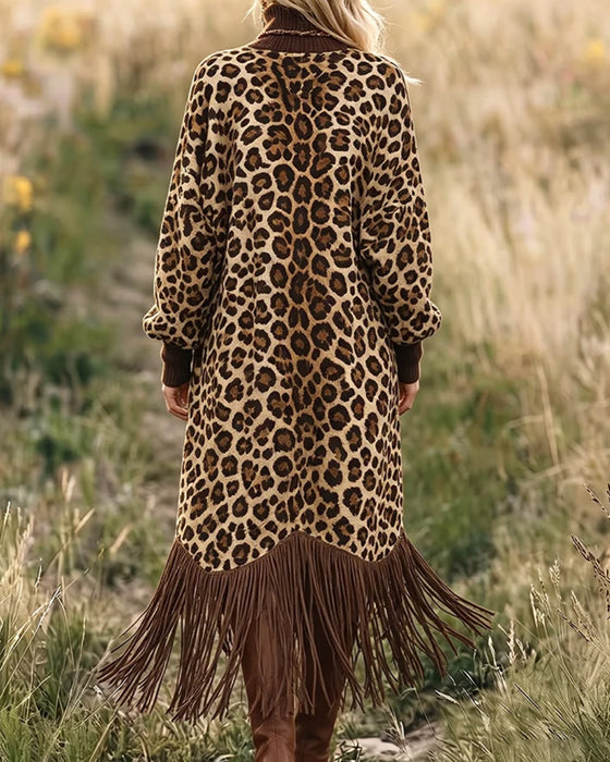 Klänning Leopard Tryck Finskörtad Lykta Ärm