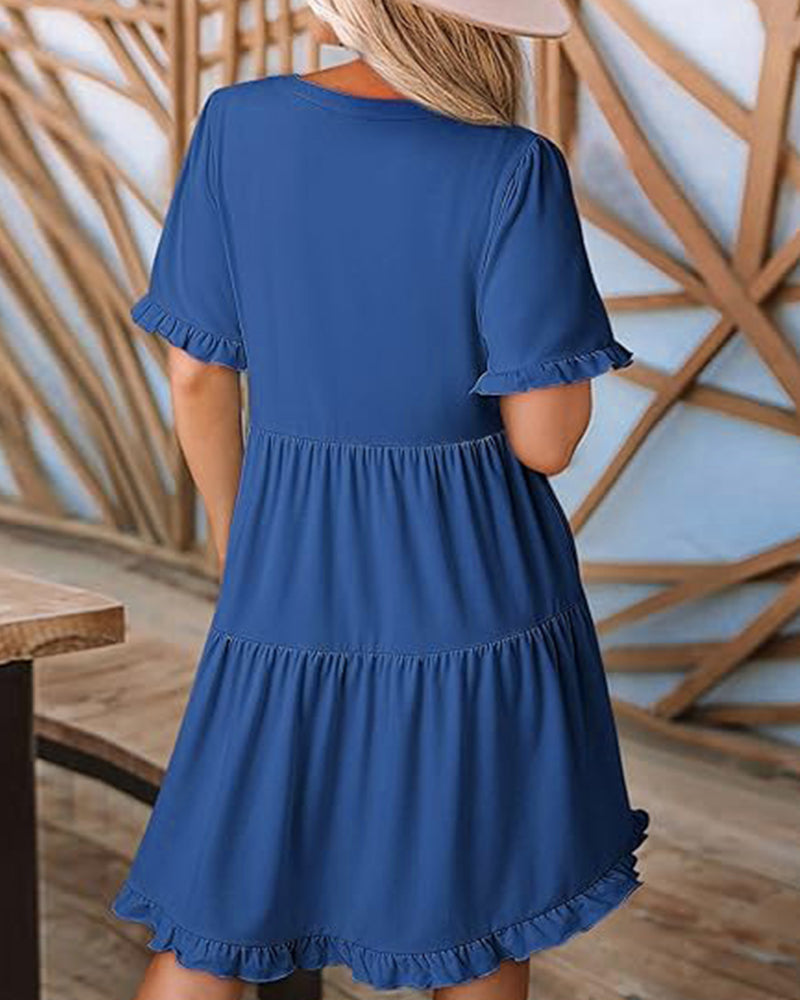 Klänning Rynkad Kant V-Ringning Lagerdelad Kant