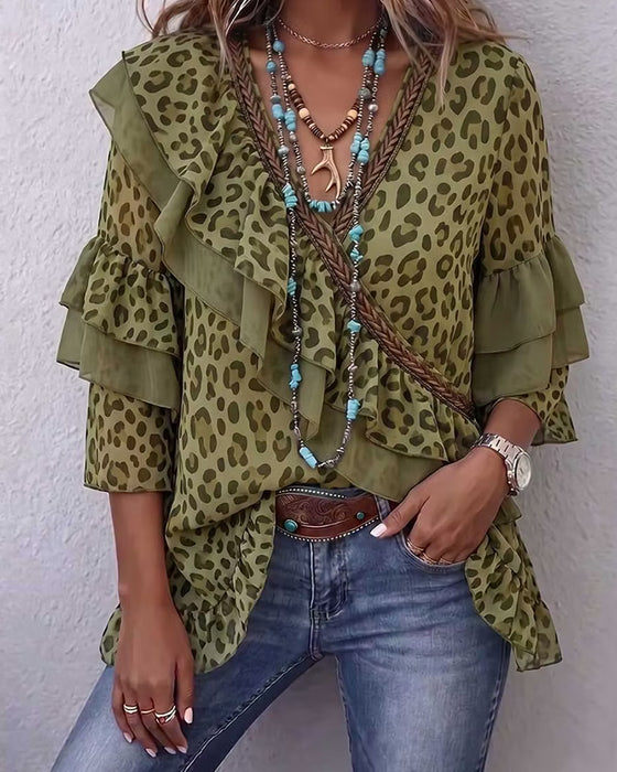 Blus V-Hals Ruffle Leopard
