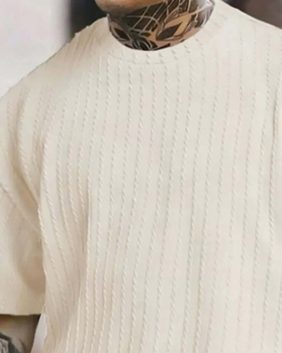 Herres Stripad T-Shirt Och Shorts Tvådelig Set Med Crew-Årning